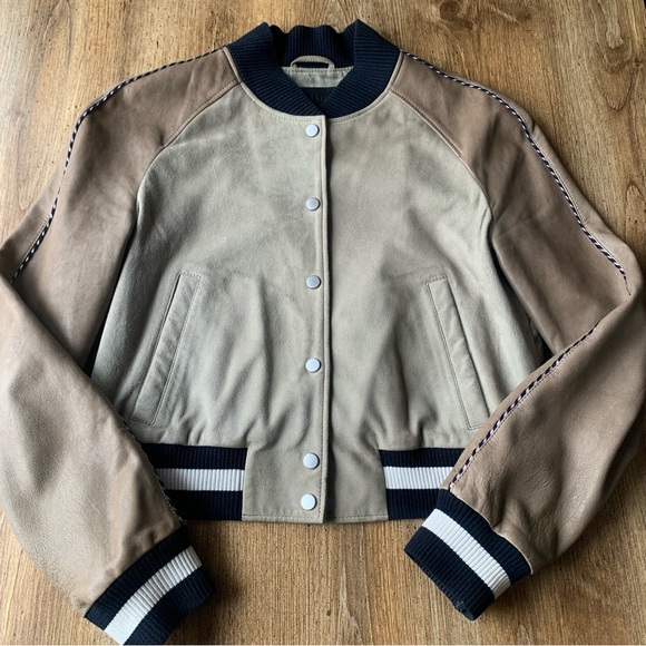 All Saints Leather Suede Bomber Jacket Small Womens 6 Beige - Picture 2 of 11